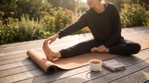 A person stretching outdoors with a mug of bone broth nearby, supporting joint health and mobility