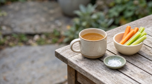 Mug of bone broth on an outdoor table with fresh vegetables and sea salt, in natural daylight