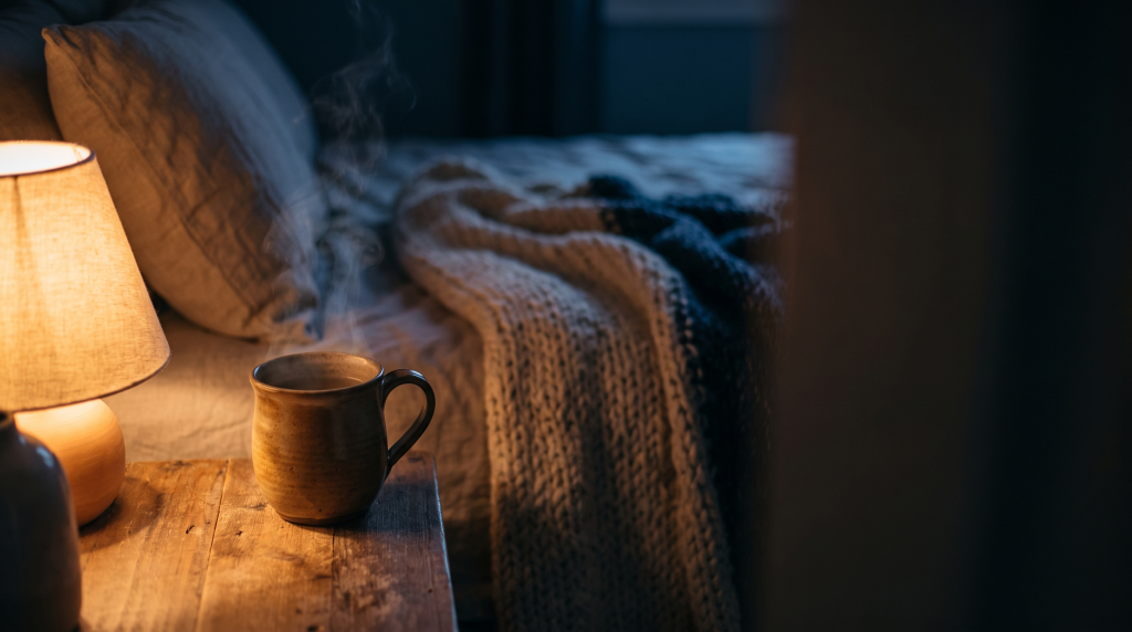 A mug of bone broth on a nightstand in dim evening light, part of a calming bedtime routine