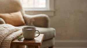 Steaming mug of bone broth beside a folded knit blanket, evoking gentle gut comfort