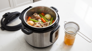 An electric pressure cooker filled with bones and vegetables for making bone broth