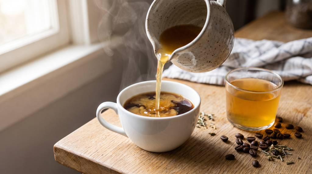 A small pitcher of bone broth being poured into a cup of black coffee on a kitchen counter
