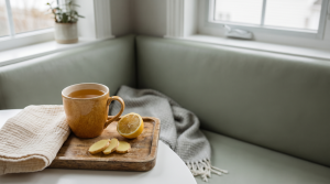 Warm mug of bone broth pregnancy nourishment with soft daylight and calming ingredients nearby