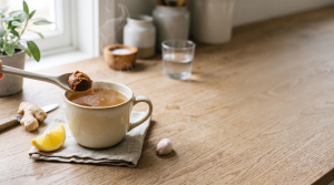 Mug of bone broth being seasoned with lemon, ginger, and a spoon of miso