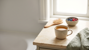 Mug of bone broth beside a wooden hairbrush and a small bowl of berries for skin and hair support
