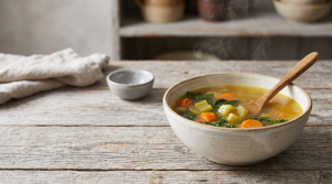 Bowl of golden bone broth soup with carrot, celery, and greens, spoon resting inside