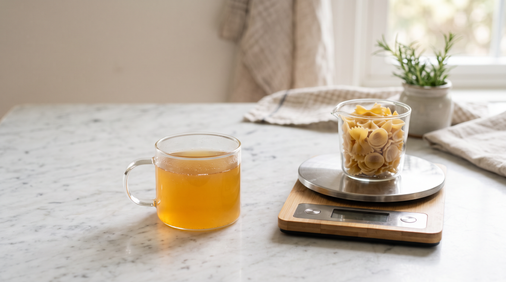 A glass mug of bone broth next to pasta on a kitchen scale, showing mindful, low-calorie portions