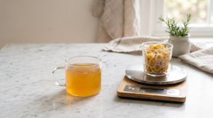 A glass mug of bone broth next to pasta on a kitchen scale, showing mindful, low-calorie portions