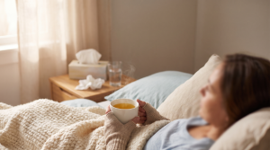 Person resting in bed holding a warm mug of bone broth with tissues nearby