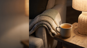 A mug of bone broth timing ritual glowing warm beside a lamp in a quiet evening nook