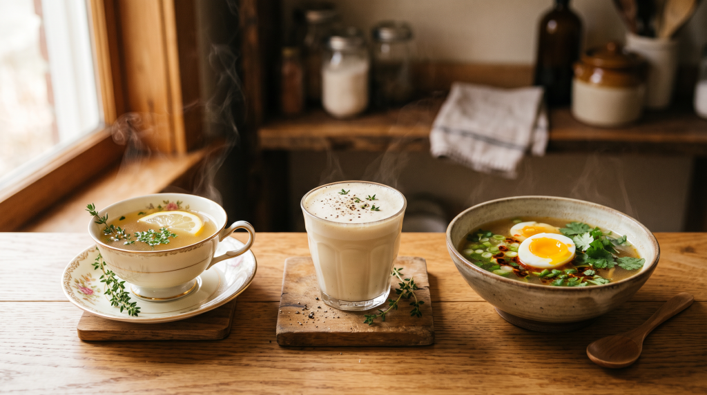 Three ways to drink bone broth: a seasoned mug, a frothy latte, and a brothy bowl with egg