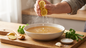 Lemon being squeezed into a bowl of bone broth surrounded by ginger, garlic, herbs, and miso