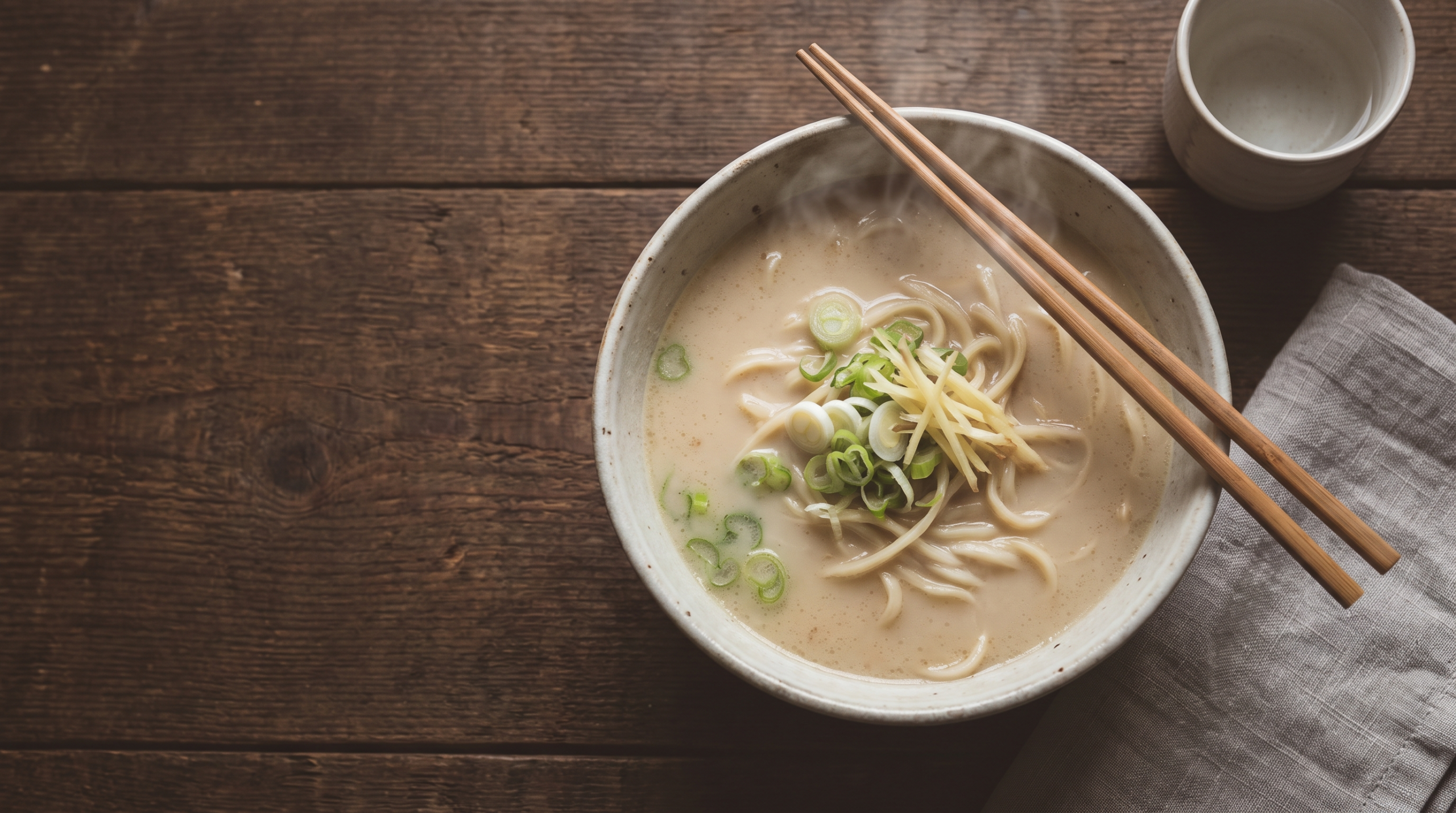 Overhead view of a steaming bowl of creamy pork bone broth with noodles, scallion, and ginger
