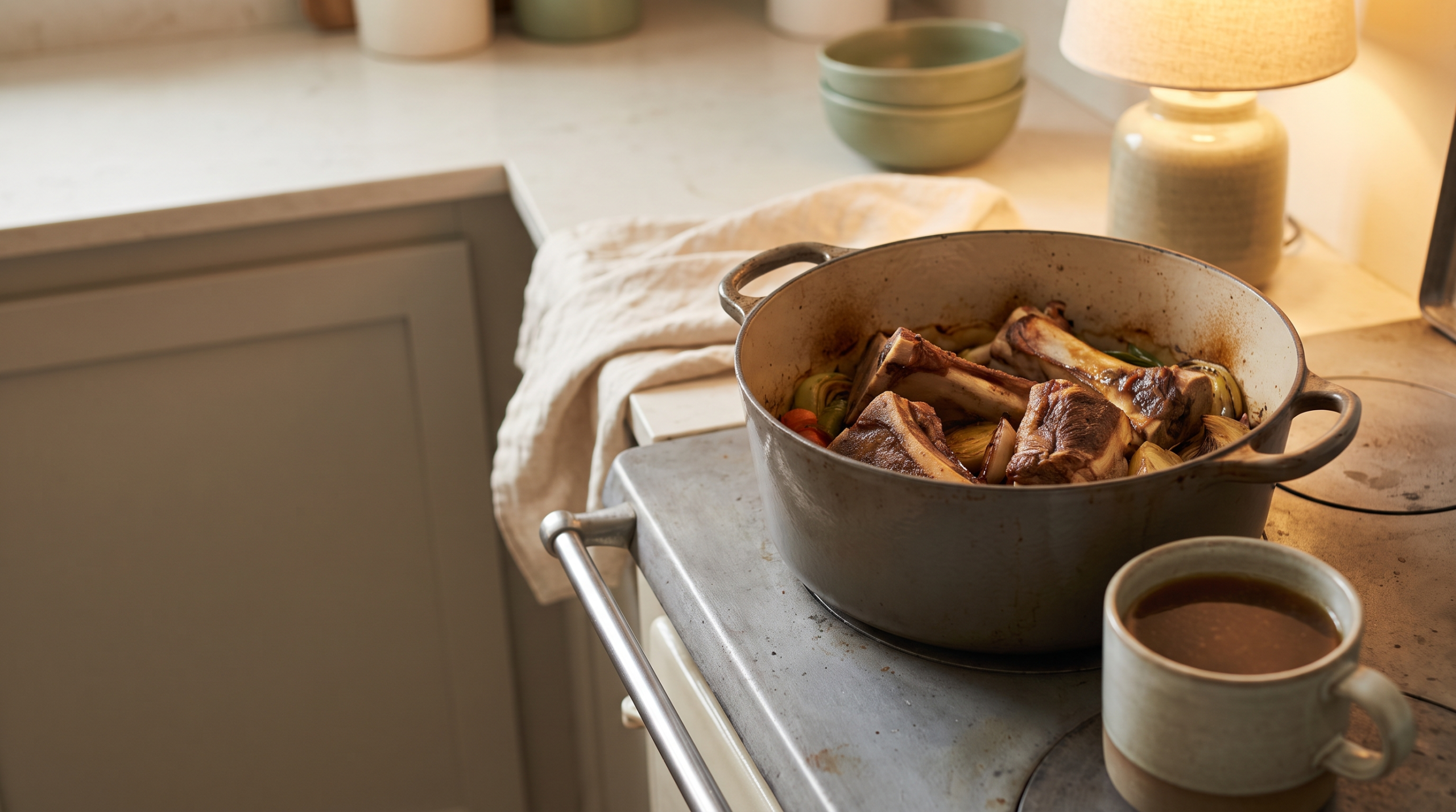 Cast iron pot with roasted beef bones beside a mug of deep, rich beef bone broth