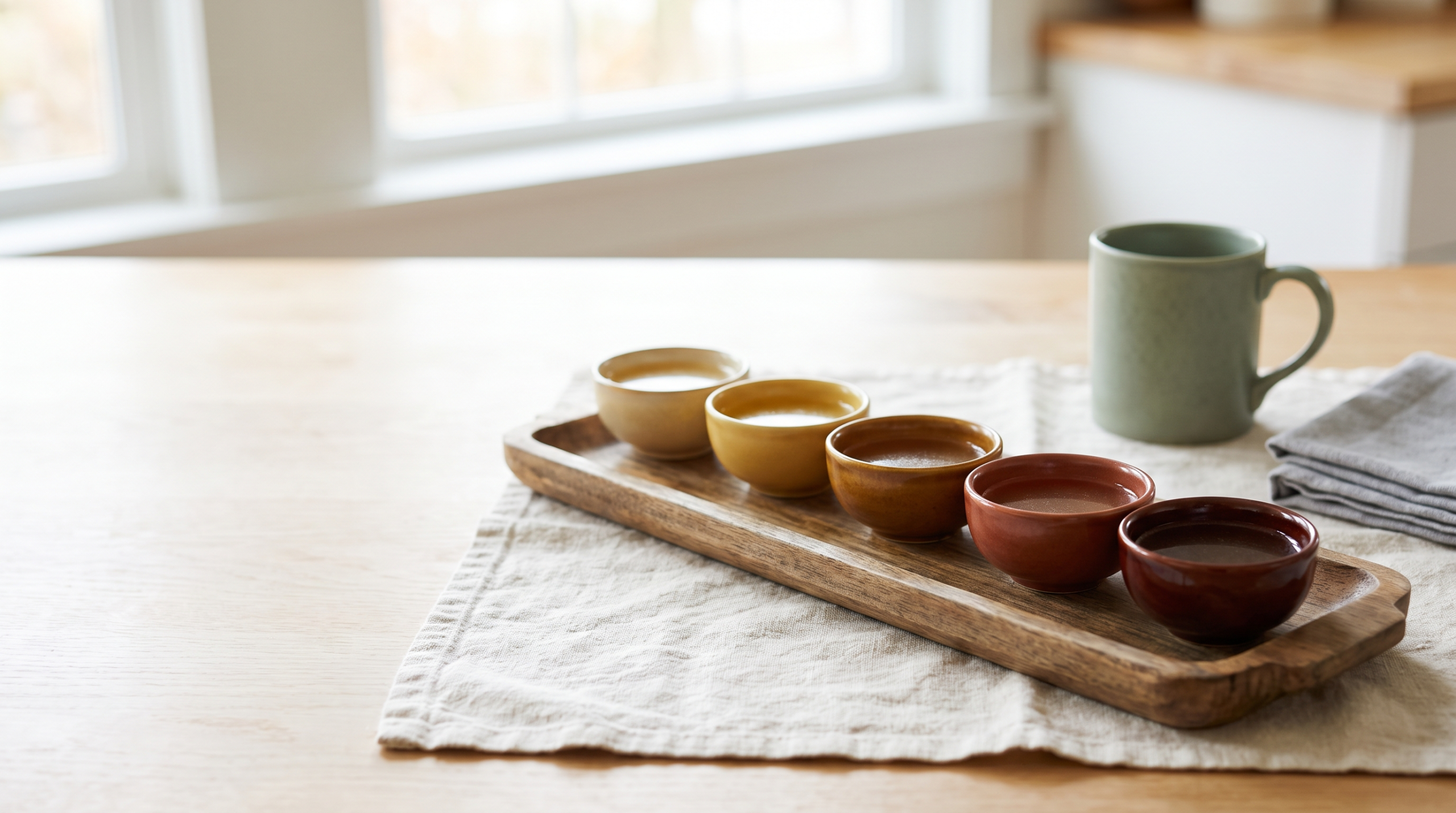 Five small bowls of bone broth in a row, each a different shade from light gold to deep brown