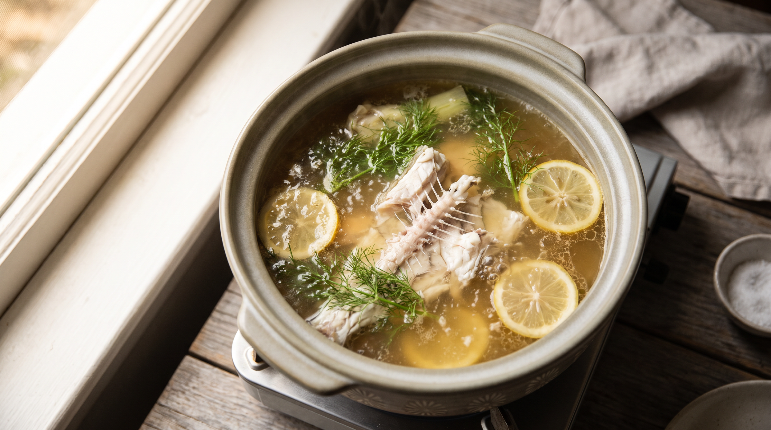 Shallow pot of fish bone broth with fennel and lemon near a sunlit window